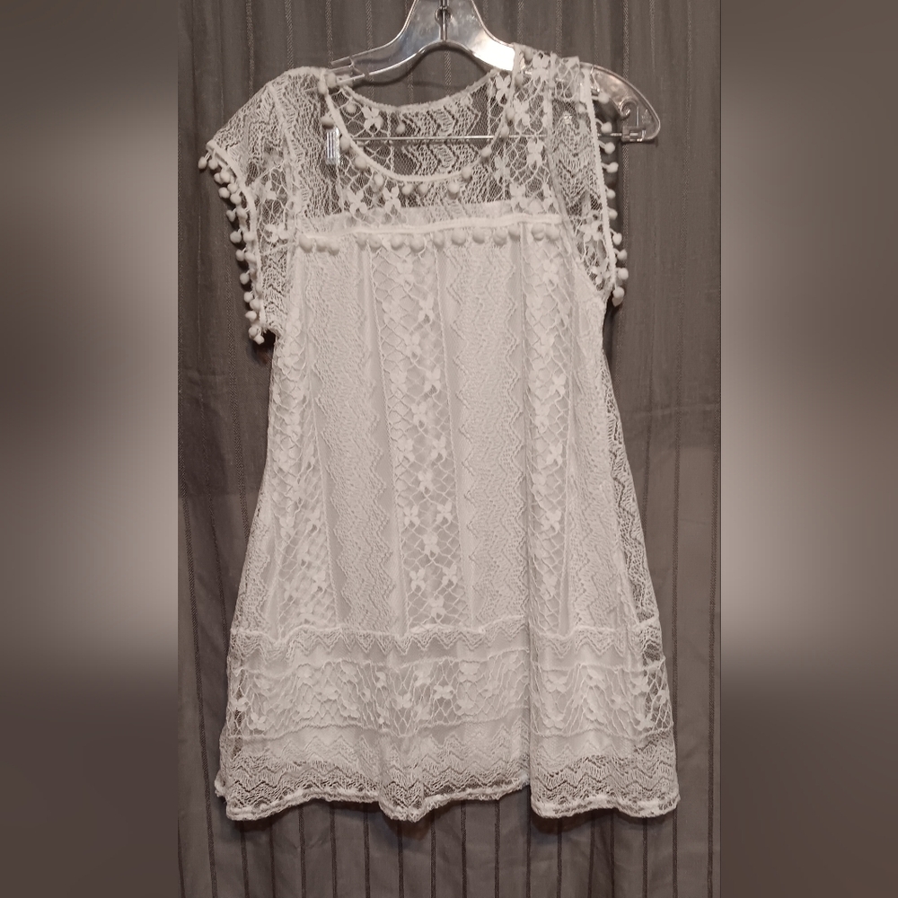 White Lace Size M Drop Waist Dress with Pom Pom Trim